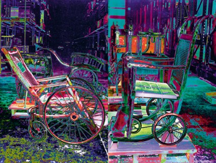 Two adjacent side views of two wheelchairs, with similar vibrant coloring blending into another colorful background.